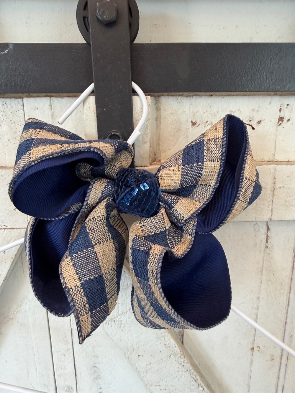 Navy and Tan Check Bow Hair Clip